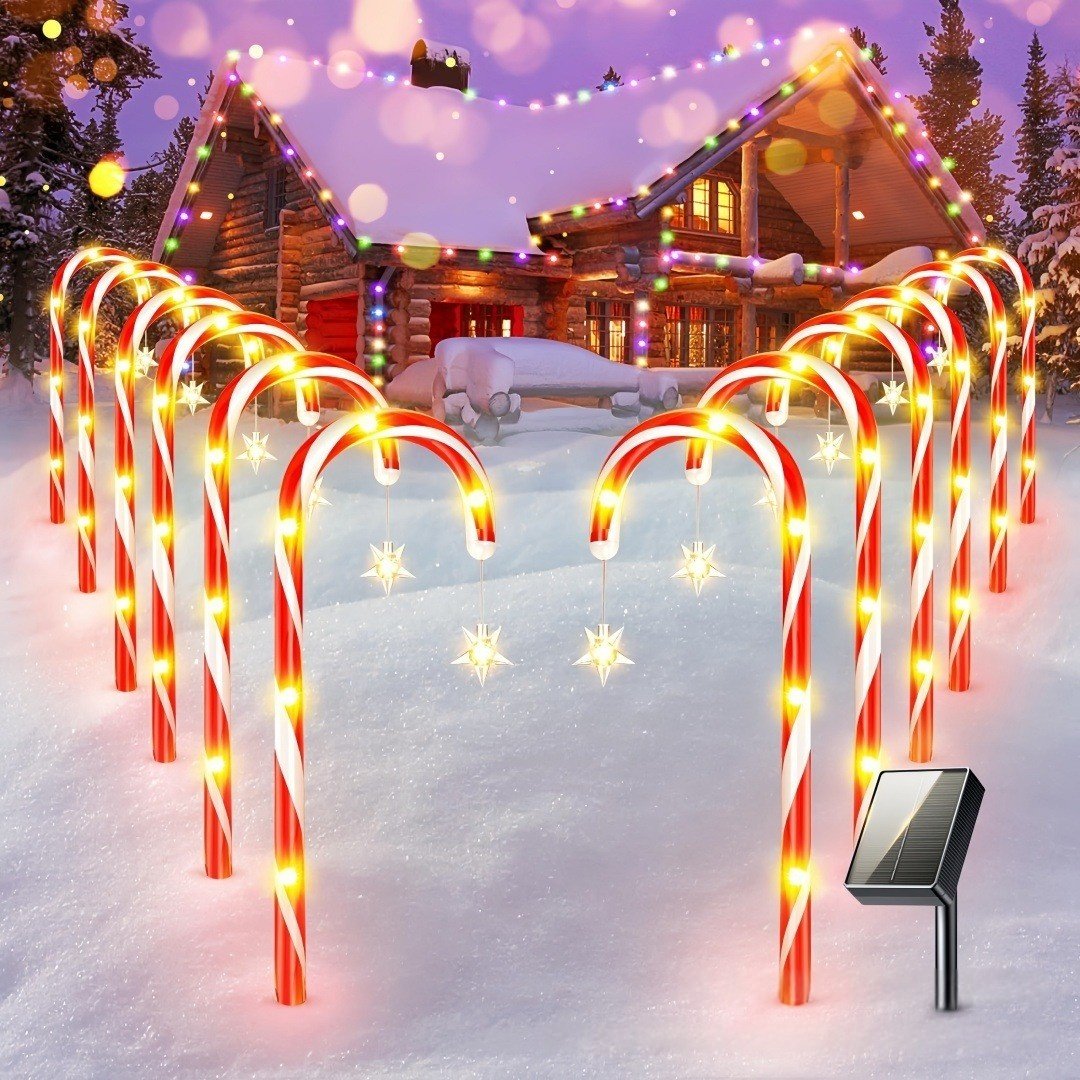 Solar Christmas Candy Cane Pathway Lights with Stars (5-Pack / 8-Pack)